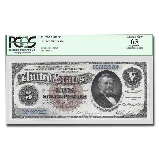 1886 $5.00 Silver Certificate U.S. Grant CU-63 PCGS (Apparent) 1886 $5.00 Silver Certificate U.S. Grant CU-63 PCGS (Apparent)
